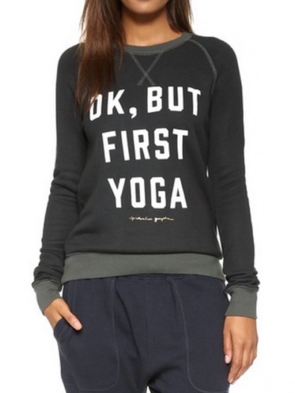 SPIRITUAL GANGSTER Ok, But First Yoga Varsity Old School Pullover Sweatshirt Top